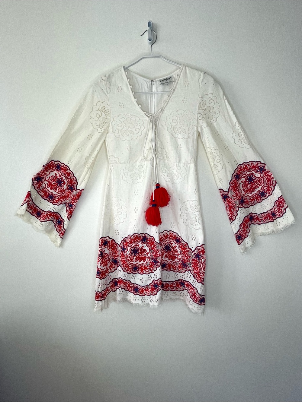 1st Sight White Eyelet Embroidered Bell Sleeve Mini Dress Size S